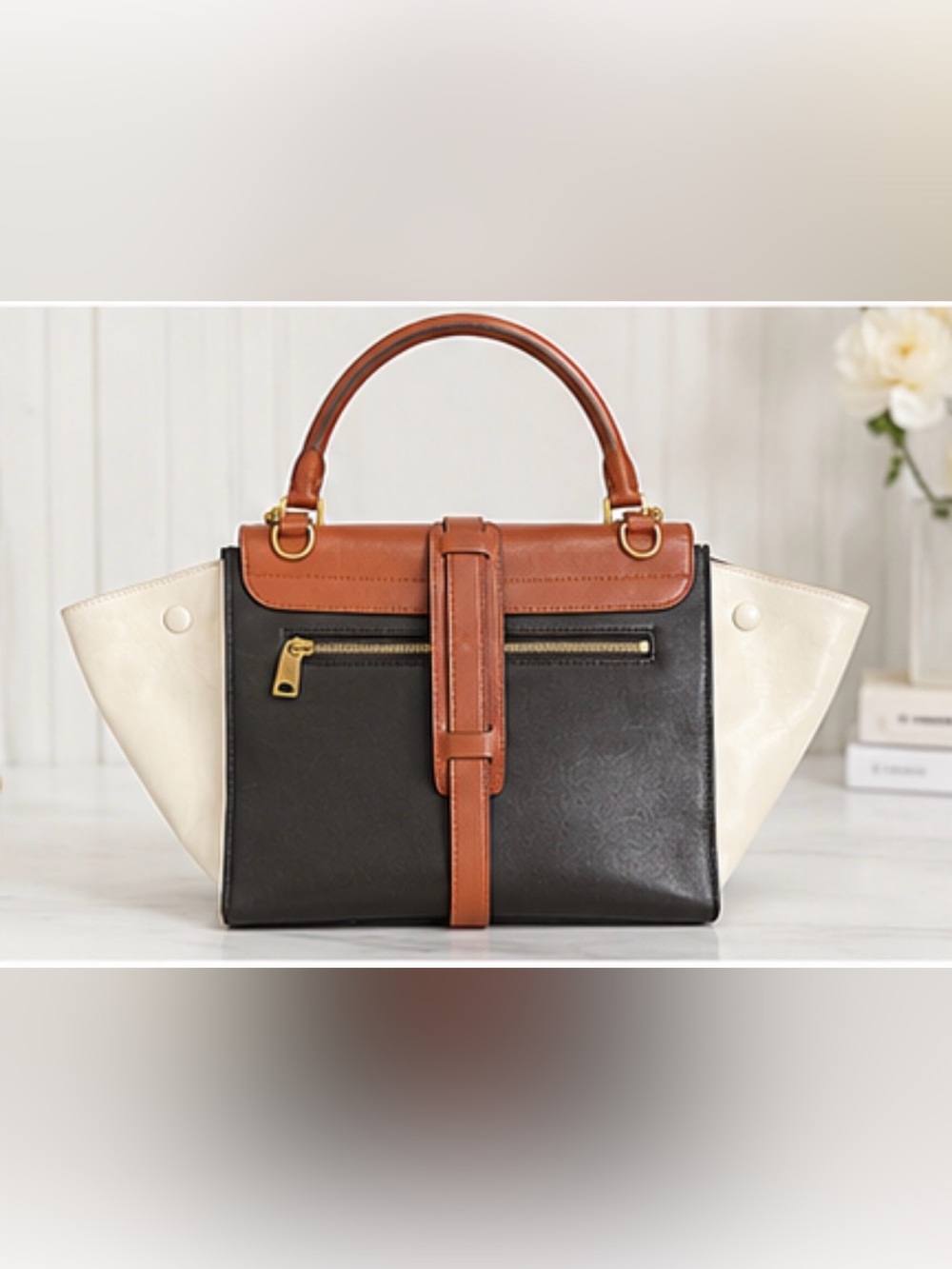 Celine Trapeze Crossbody Orange Black White Colorblock 2-way Top Handle Satchel - Picture 5 of 8